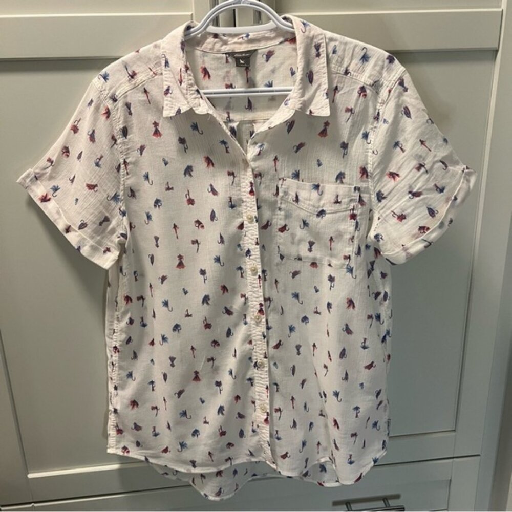 EDDIE BAUER Fishing Lure Print Button Down Shirt Women's Size Large